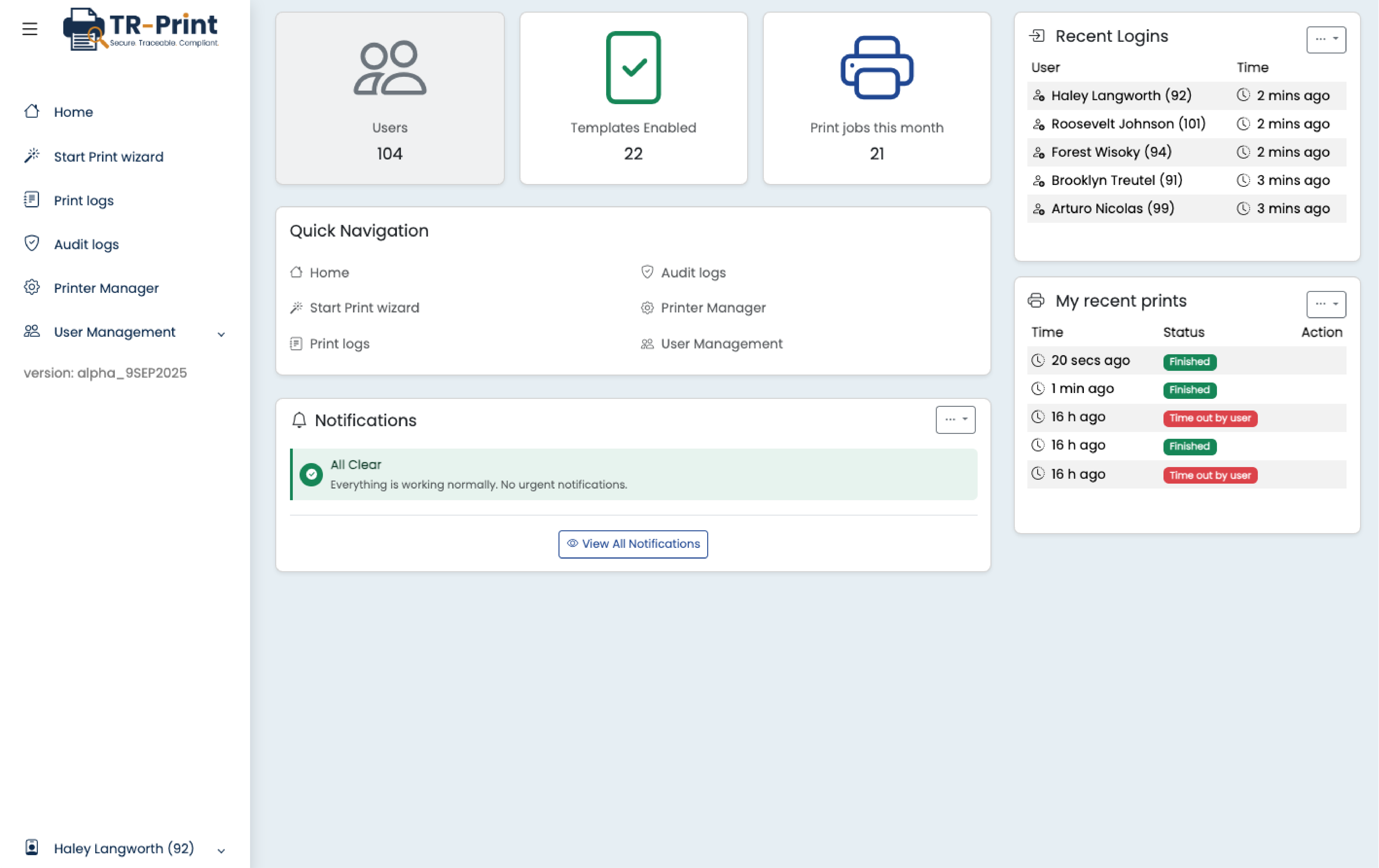 TR-Print dashboard with users, templates, print jobs and audit-ready notifications