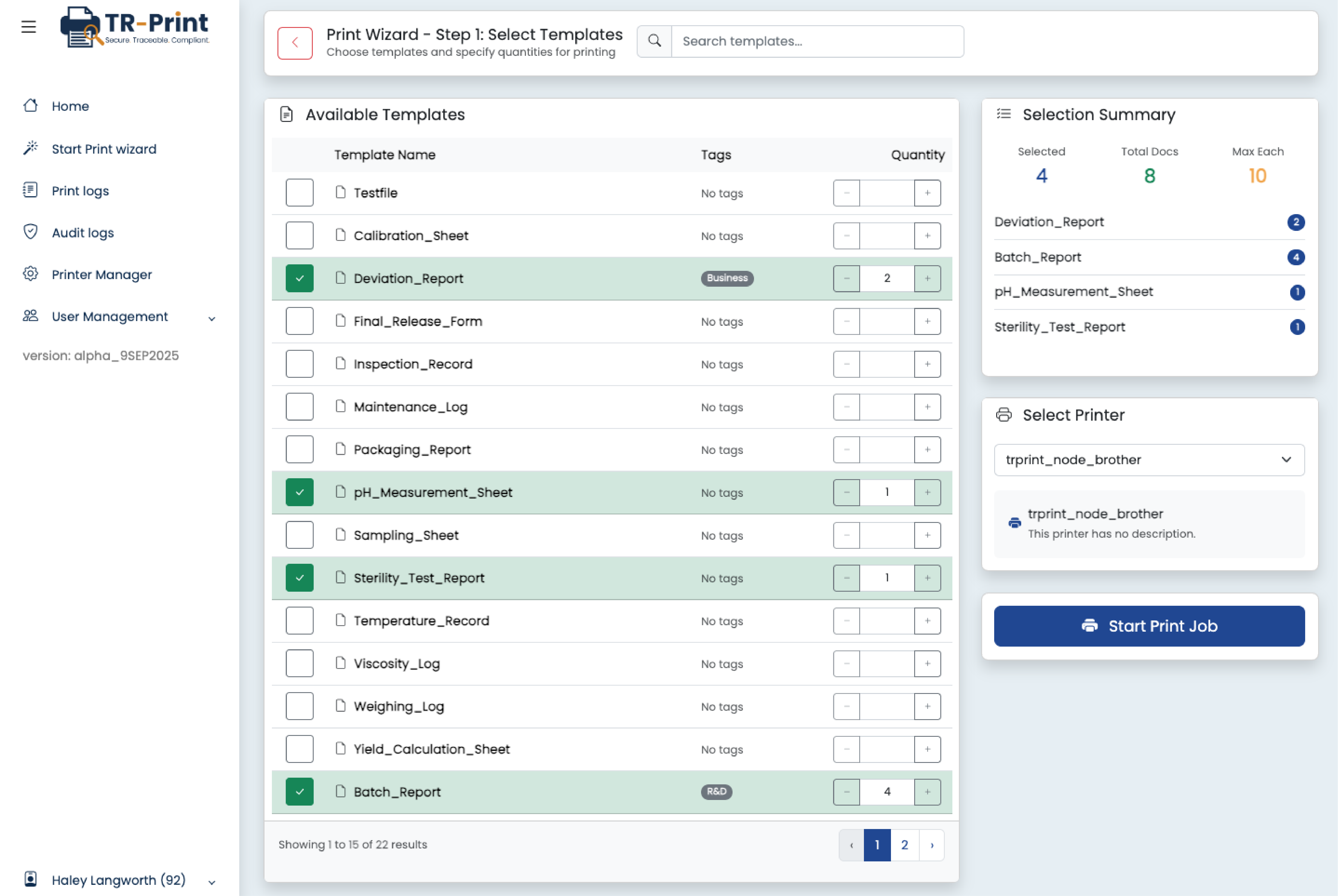 TR-Print print wizard step 1 with selection of templates and quantities