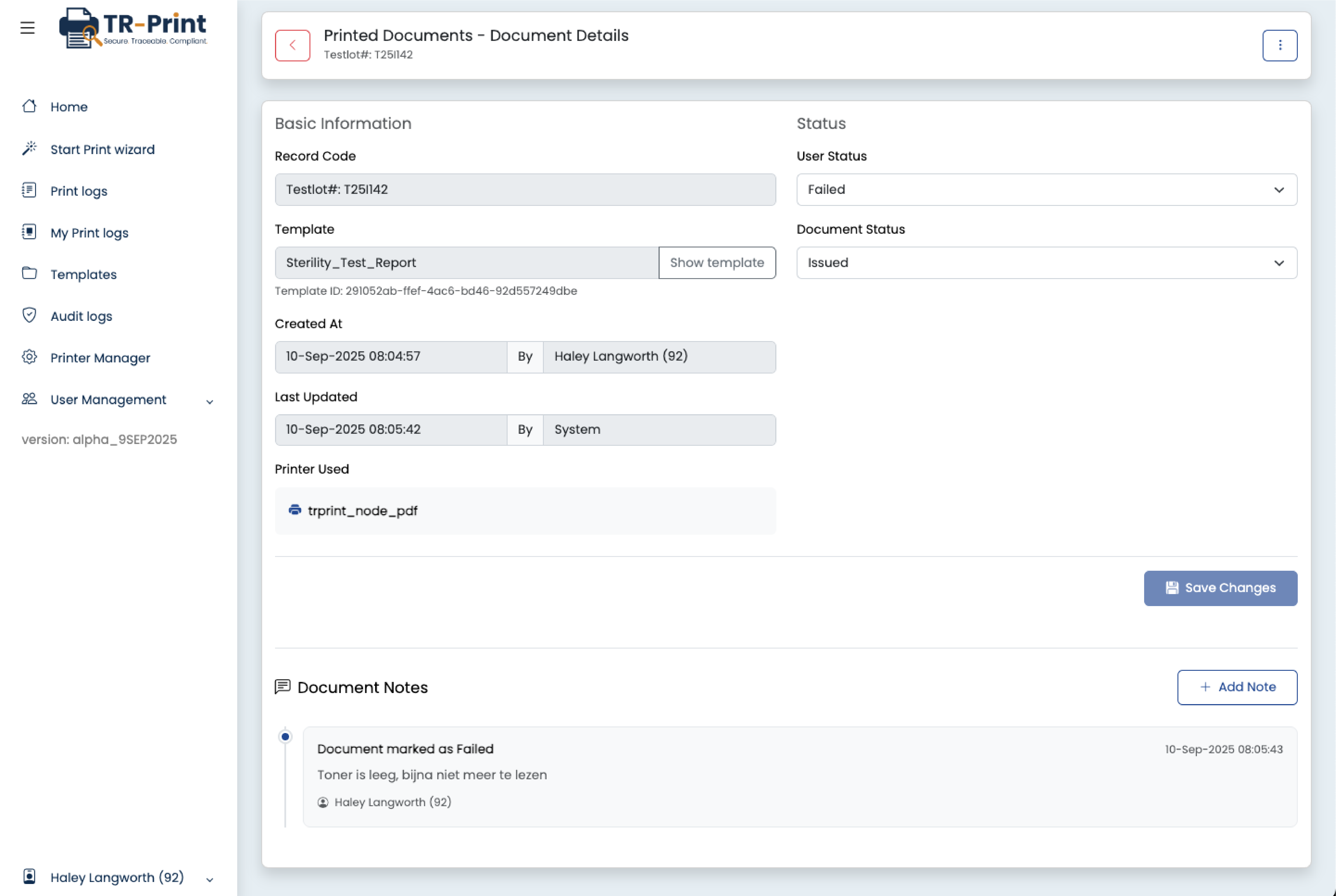 TR-Print printed document details showing record code, status and audit notes