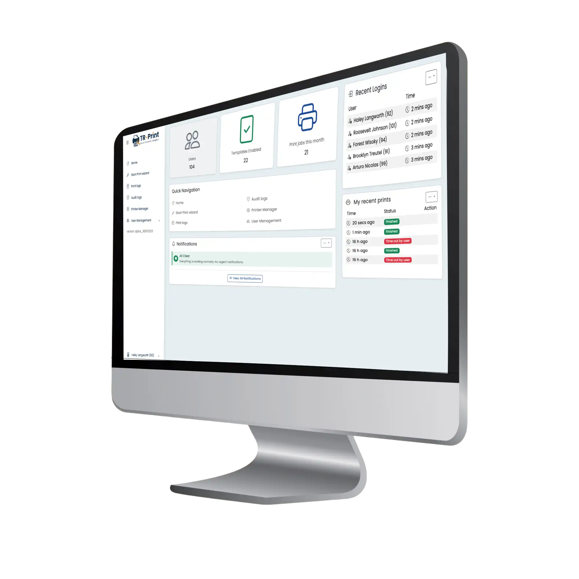 TR-Print dashboard with users, templates, print jobs and audit-ready notifications