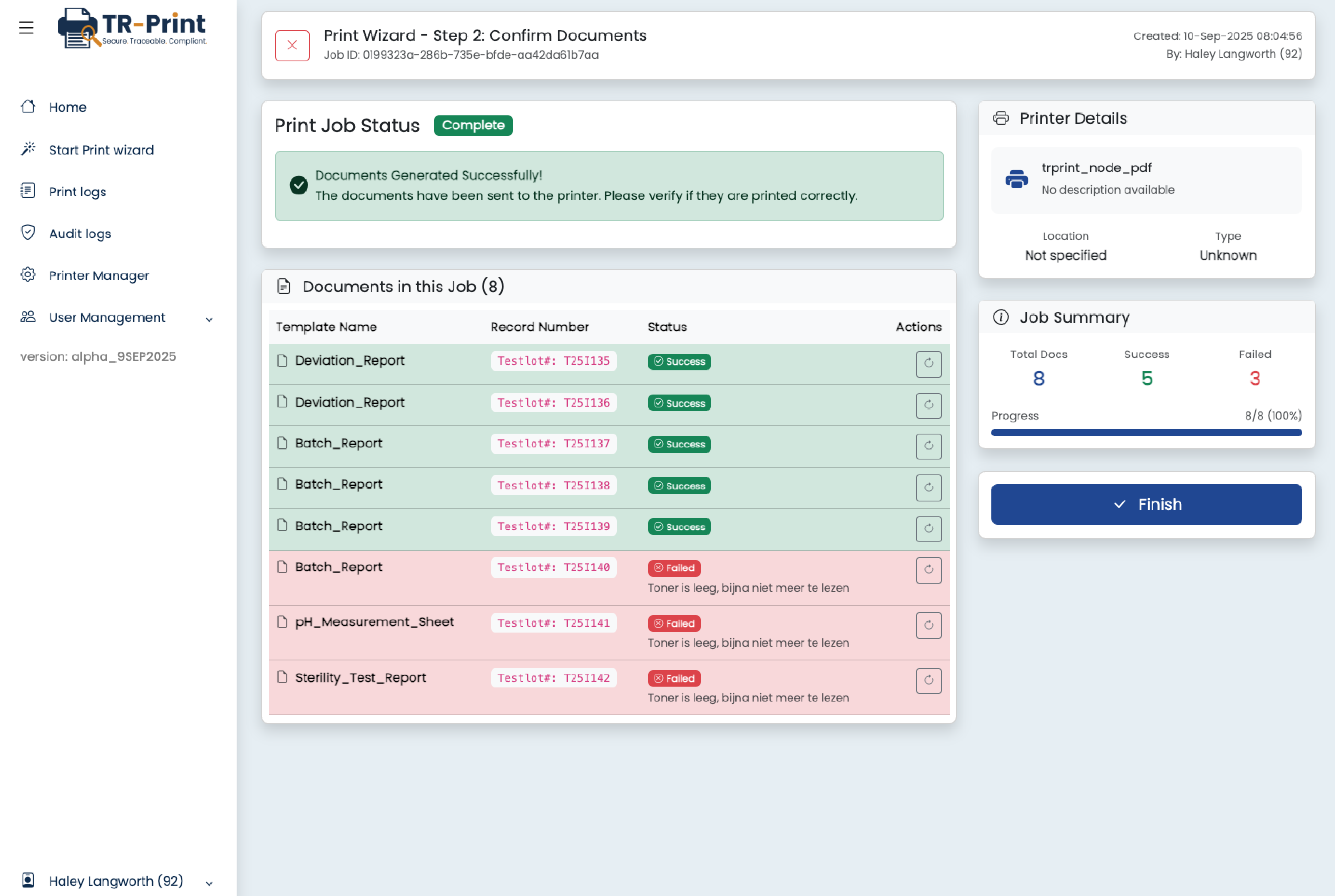 TR-Print print wizard step 2 confirming selected documents and print status