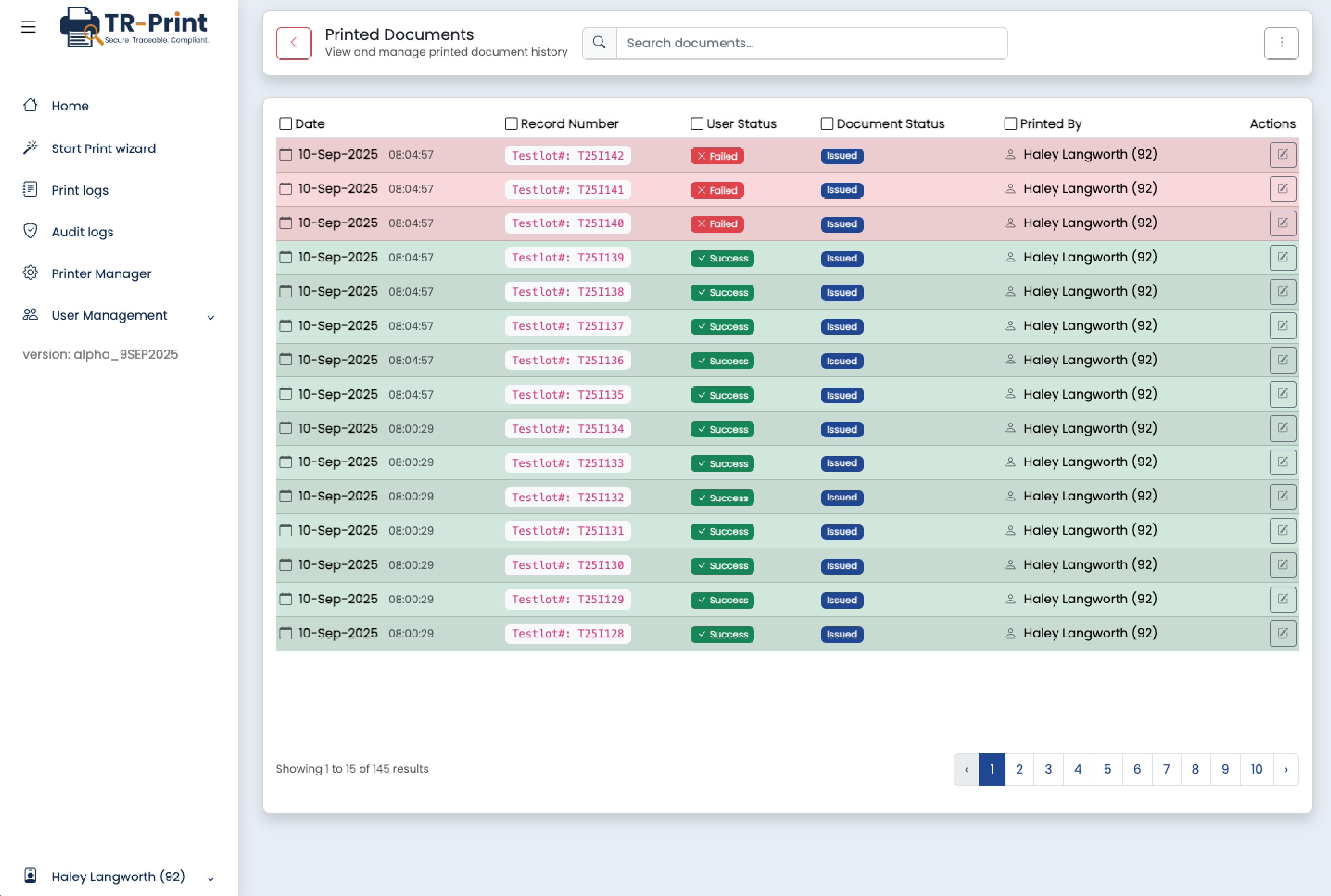 TR-Print printed documents overview with record numbers, status and user info