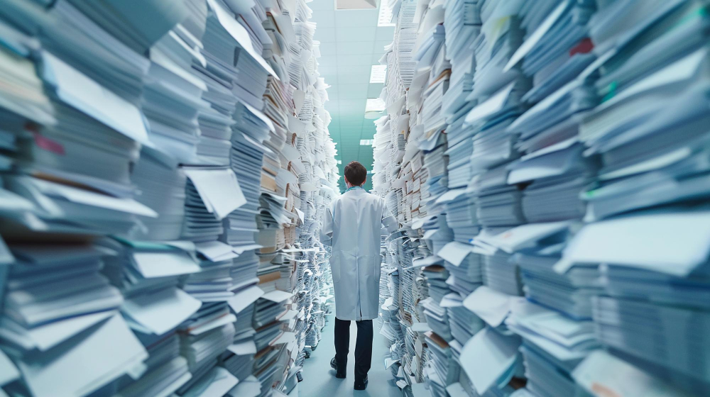 Researcher in lab coat walking through endless stacks of paper records